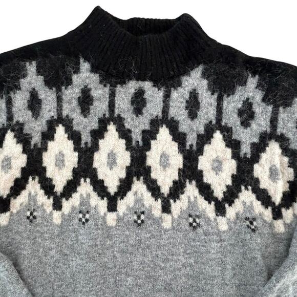 MONROW Mock Neck Fair Isle Pullover Sweater Black White Gray Wool Alpaca Blend S - Picture 6 of 11